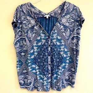 Lucky Brand Knit  Shirt 1X Plus Blue And Gray Blouse Pullover Top Short Sleeve